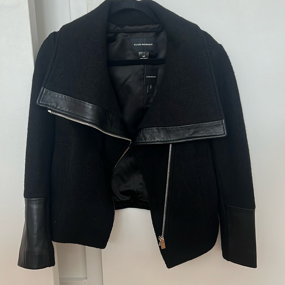 Club Monaco cropped Holli jacket, black with leather sleeves, size S, NWT